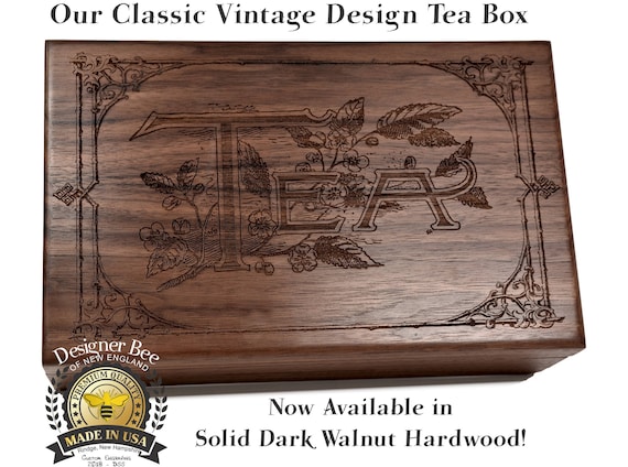 Vintage Engraved Wood Tea Box – Dark Walnut, Heirloom Quality