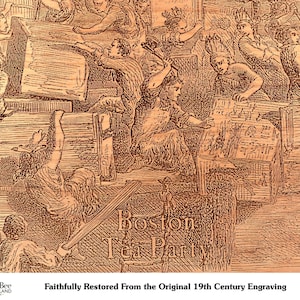 Op de afbeelding: Een vintage gravure die de Boston Tea Party uitbeeldt, een historische gebeurtenis waarbij kolonisten thee in de haven dumpten om te protesteren tegen Britse belastingheffing. De gravure toont mannen gekleed in koloniale kleding die theekisten in het water gooien.