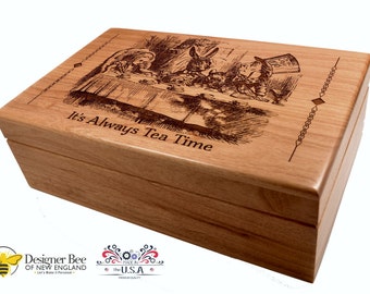 Alice in Wonderland-theedoos, gegraveerde elzenhouten theekist, Mad Hatter-ontwerp