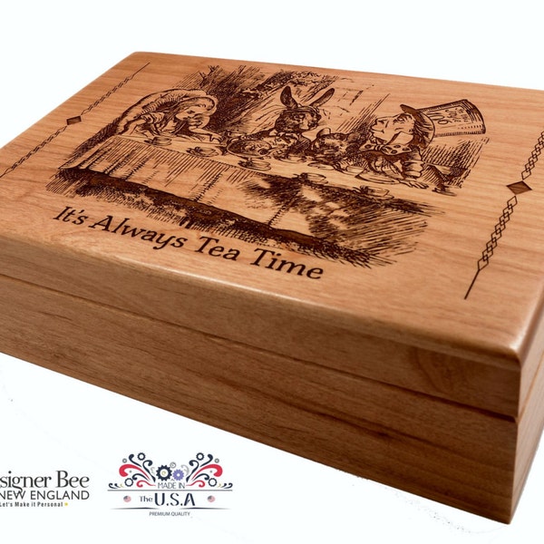 Alice in Wonderland Wood Tea Box-Heirloom Quality Hardwood Box-Personalize It! Made in USA