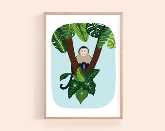 Cute Monkey playing in the Jungle Art Print, Tropical Forest Animal Printable Art, Vibrant Forest Illustration, Kids Room Digital Downloads,