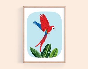 Flying Scarlet Macaw Parrot Art Print Printable, Colorful Jungle Wall Art for Nursery, Happy Tropical Bird Illustration Instant Download