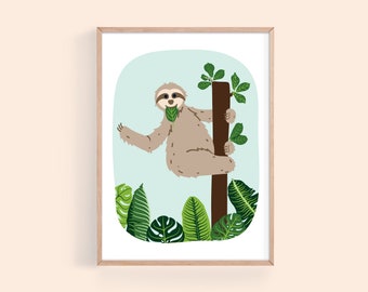 Sloth Art Print Printable, Rainforest Office Wall Art, Jungle Wild Animal, Tropical Wall Art Print, Botanical Illustration, Instant Download