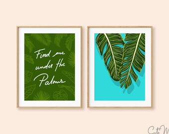 Beach House Decor, Set of 2 Prints, Tropical Wall Art, Banana Leaf Print