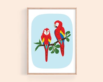 Macaw Parrots Seating on a branch Digital Art, Rainforest Printable, Colorful Art Print, Tropical Kids Room, Scarlet Macaw Instant Download