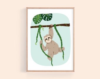 Rainforest Animal Sloth Art Print Printable,  Jungle Office Decor, Botanical Illustration, Kids Room Poster Sloth Wall Art, Instant Download