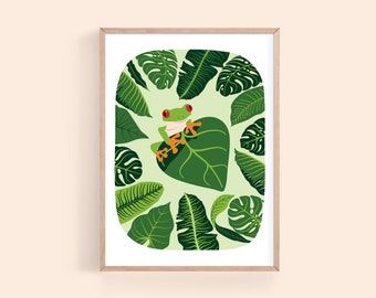 Green Tree Frog Nursery Decor, Frog Poster for Kids, Jungle Frog Nursery Wall Art Print, Tropical Rainforest Printable Wall Art