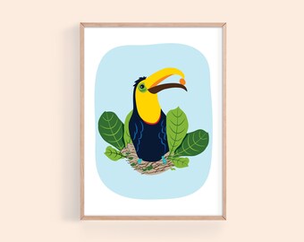 Toucan on a nest Art Print, Rainforest Printable, Exotic Bird Poster, Tropical Illustration, Colorful Jungle Print, Instant Download