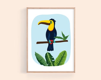Jungle Art Print for kid's room or nursery, Tropical Toucan Printable Poster, Exotic Bird Illustration Digital Art, Instant Download