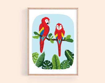 Two Macaw Parrots hanging on a branch among Banana Leaves Art Print, Jungle Exotic Birds Digital Art, Tropical Wall Decor, Instant Download