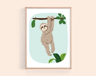 Sloth in a Jungle Art Print, Tropical Leaves Print, Colorful Nursery Printable, Rainforest Poster, Whimsical Wall Art, Instant Download