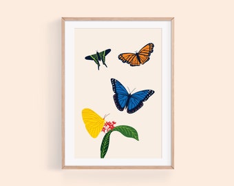 Butterflies Art Print, Printable Butterfly Wall Art, Tropical Wall Decor, Colorful Butterflies Poster for Girls Bedroom Decor, Digital Print