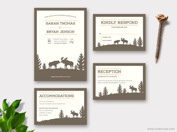 Moose Wedding Invitation Printable, Woodland Wedding Invitations, Rustic Customizable Colors Il_570xn