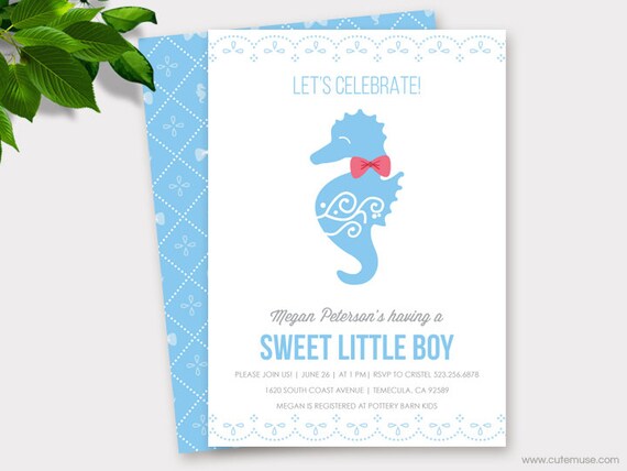 Seahorse Baby Shower Invitation Printable, Baby Boy, Beach Baby Shower Invitations, Diaper Raffle Ticket,Thank You Cards, Custom Colors Il_570xn