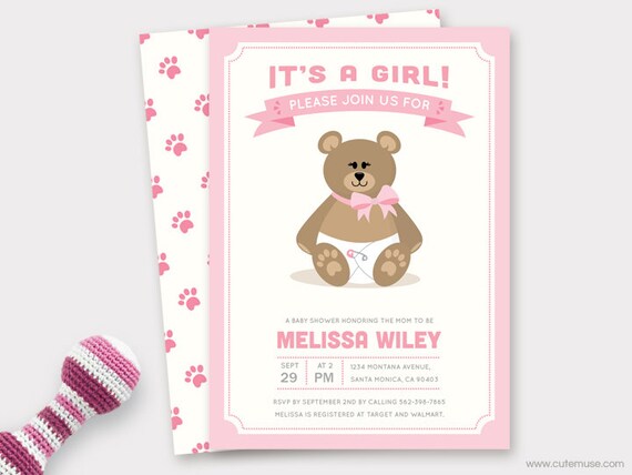 Girl Teddy Bear Baby Shower Invitation Printable, Baby Shower Invite, Diaper Raffle Ticket, Thank You Card Printable, Custom Colors DIY Il_570xn