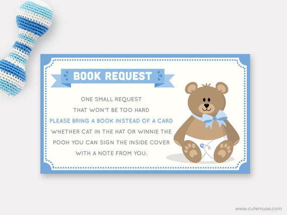 Teddy Bear Book Request Printable Card for Baby Boys, Stuffed Bear Blue Card, Bring a Book Instead of a Card, Insert, Instant Download Il_570xn