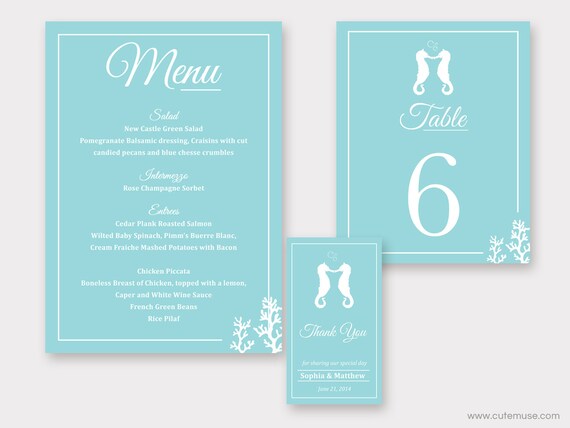 Seahorse Beach Wedding Reception Items, Printable Wedding Menu, Wedding Table Number, Wedding Favor Tags, Destination Wedding, Custom Colors Il_570xn