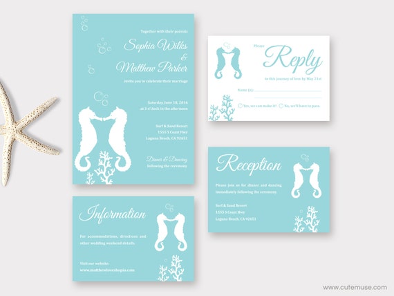 Beach Wedding Invitation Printable Seahorse Wedding