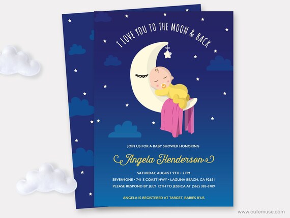 I love You to the Moon and Back Baby Shower Printable Invitation, Baby Sleeping on the Moon Invitation, Diaper Raffle Ticket, Il_570xn