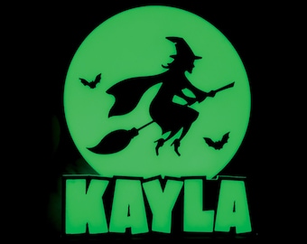 Custom Witch on Broom Glow in the Dark Halloween Cake Topper on Base Personalized with Name for Spooky Birthday Party 3D Printed Plastic