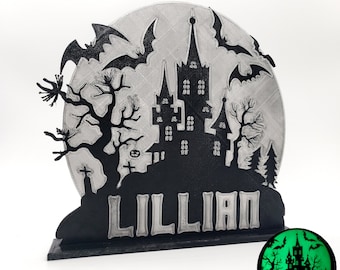 Custom Glow in the Dark Halloween Haunted House Cake Topper on Base Personalized with Name for Spooky Birthday Party Keepsake Decoration