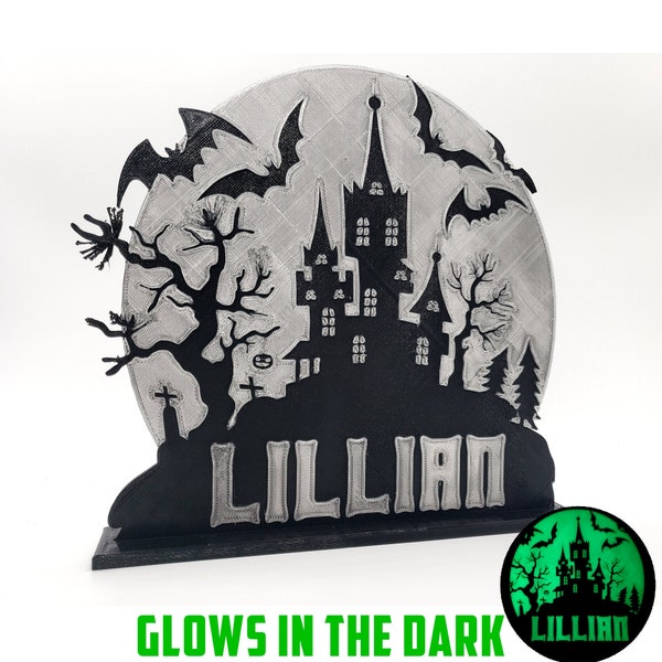 Custom Glow in the Dark Halloween Haunted House Cake Topper on Base Personalized with Name for Spooky Birthday Party Keepsake Decoration