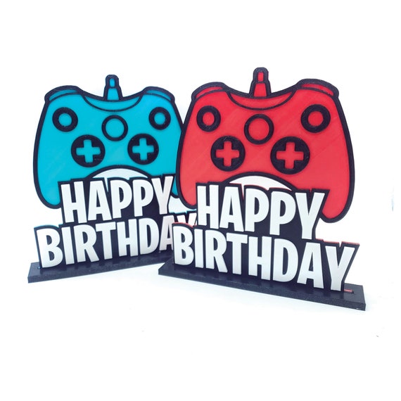 Handmade Gaming cake topper Happy Birthday Blue Black Controller