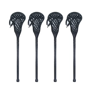 May include: Four black lacrosse sticks with black nets. The sticks are arranged in a row, with the heads facing the viewer.