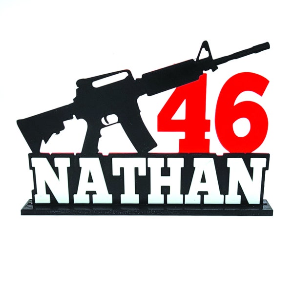 Personalized AR-15 GUN Birthday Cake Topper with Name and Age on Keepsake Base - Solid 3D Printed Plastic