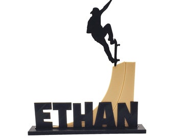 SKATEBOARDING Cake Topper on Base - Birthday Party Skater Centerpiece Decoration - Solid Plastic