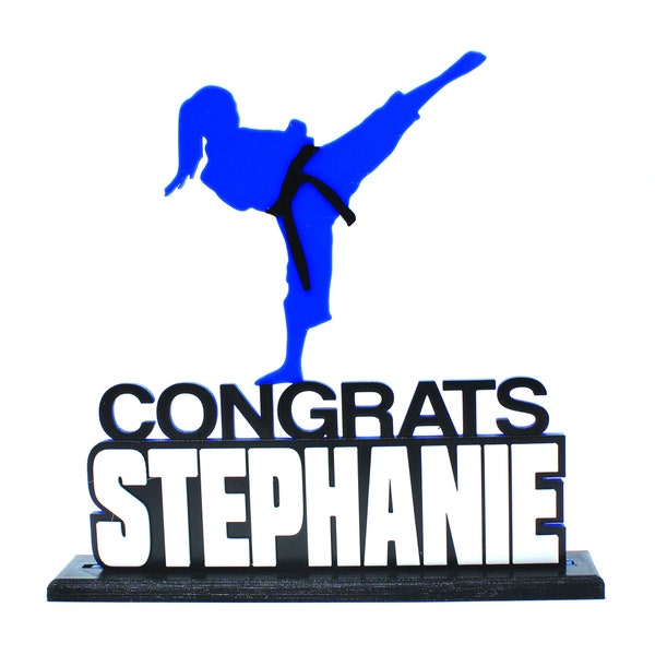 Congrats Girl Martial Arts KARATE Cake Topper with Name & Belt Color on Keepsake Base - Solid 3D Printed Plastic Decoration