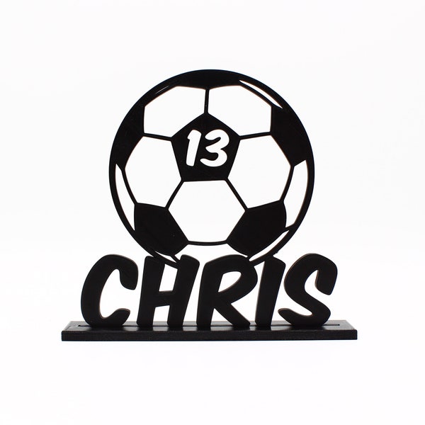 Custom Soccer Ball Cake Topper with Name and Age on Base for Boy or Girl Football Birthday Party
