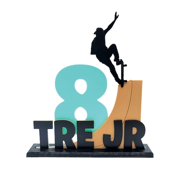 Custom Skateboarding Cake Topper with Name and Age on Base - Birthday Party Skater Centerpiece Decoration - Solid 3D Printed Plastic