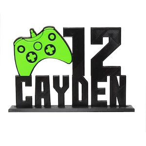 Video Game Cake Topper on Base for Gamer Birthday Party 2 Color with Personalized Name & Age Solid 3d printed Plastic Gaming Birthday Decor