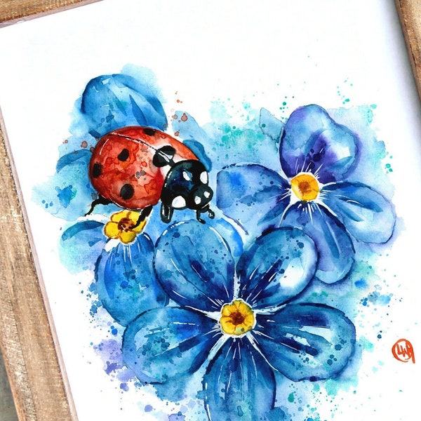 Ladybird, Ladybug Painting, Forget Me Not, Lady Bug Art, flower painting, cabin decor