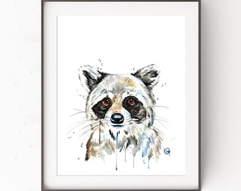 Raccoon Wall Art - Woodland Nursery Decor by Whitehouse Art Watercolor Painting - 7 Sizes