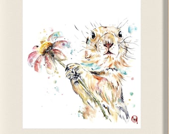 Gopher Holding A Gerbera Daisy, Nature Prints, Animal Art, Mother's Day Gift, Woodland Nursery, Sprint Decor