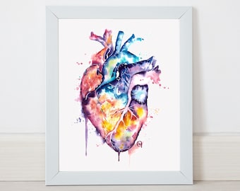 Heart Wall Art, Anatomical Heart Watercolor Painting, Anatomy Art, Doctor Gift, Cardiovascular Artwork, Med School grad, nurse gift