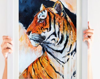 Into the Unknown by Lisa Whitehouse, Tiger Painting, Modern Art, Mixed media, Modern wildlife art, animal painting, safari decor