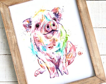 Pig Watercolor print, Pig painting, Pig art, farm art, farm animal art, farm theme room, kids room decor, Art for animal theme baby room