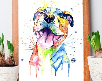 Colorful Pitbull Watercolor Painting, Dog Art Print