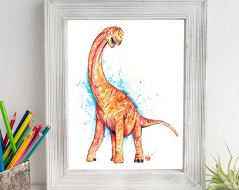 Dinosaur Art, Brontosaurus, Dinosaur Nursery, Dinosaur Decor, Dinosaur Wall Decor, Boys Room Wall Art, Watercolor Painting
