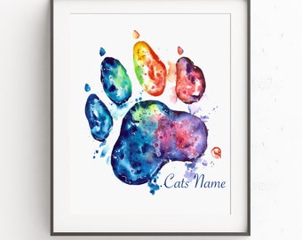 Custom Cat Paw Print, Personalized Paw Print, Cat Lover Gift, Pet Memorial, Animal Kids Wall Art Watercolor Painting by Lisa Whitehouse