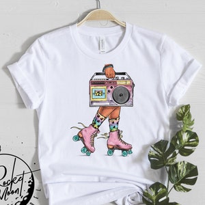 Roller Skate Art Shirt Roller Skaters Gift 70's Retro Vibes Roller Skate Boombox Shirt Derby Girl Quad Skates Hand Drawn Skate Art