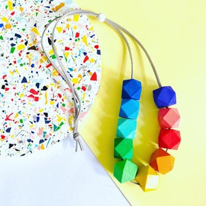 Rainbow geometric hexagon wooden bead necklace