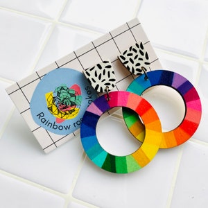 Rainbow & polka dot pattern colour wheel wood earrings