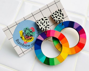Rainbow & polka dot pattern colour wheel wood earrings