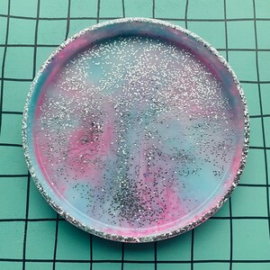 Colourful bright watercolour style resin tray with raised edge and extra sparkle!