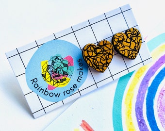 Hand painted squiggle pattern love heart shape stud earrings