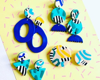 Cream blue green & stripe pattern polymer clay earrings, necklace and brooch